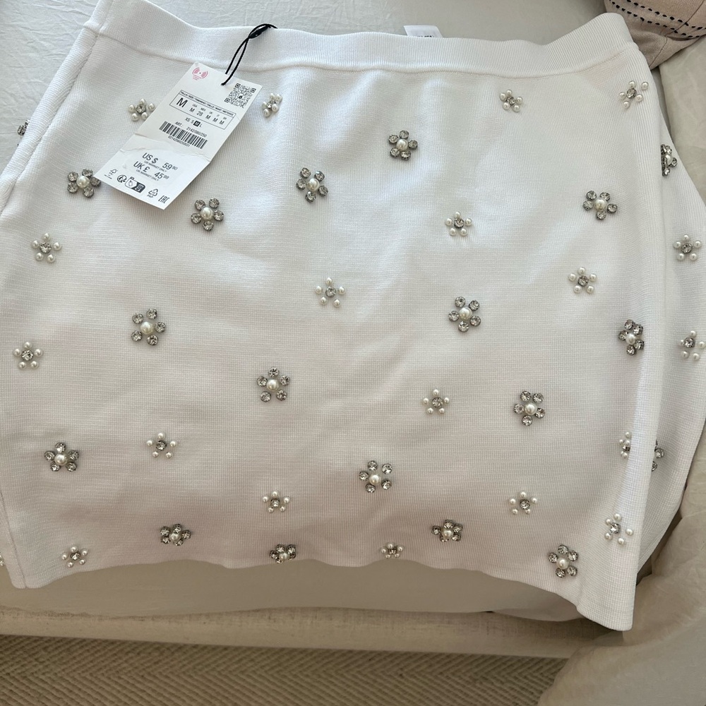 Zara White Skirt with Pearl Embellishments